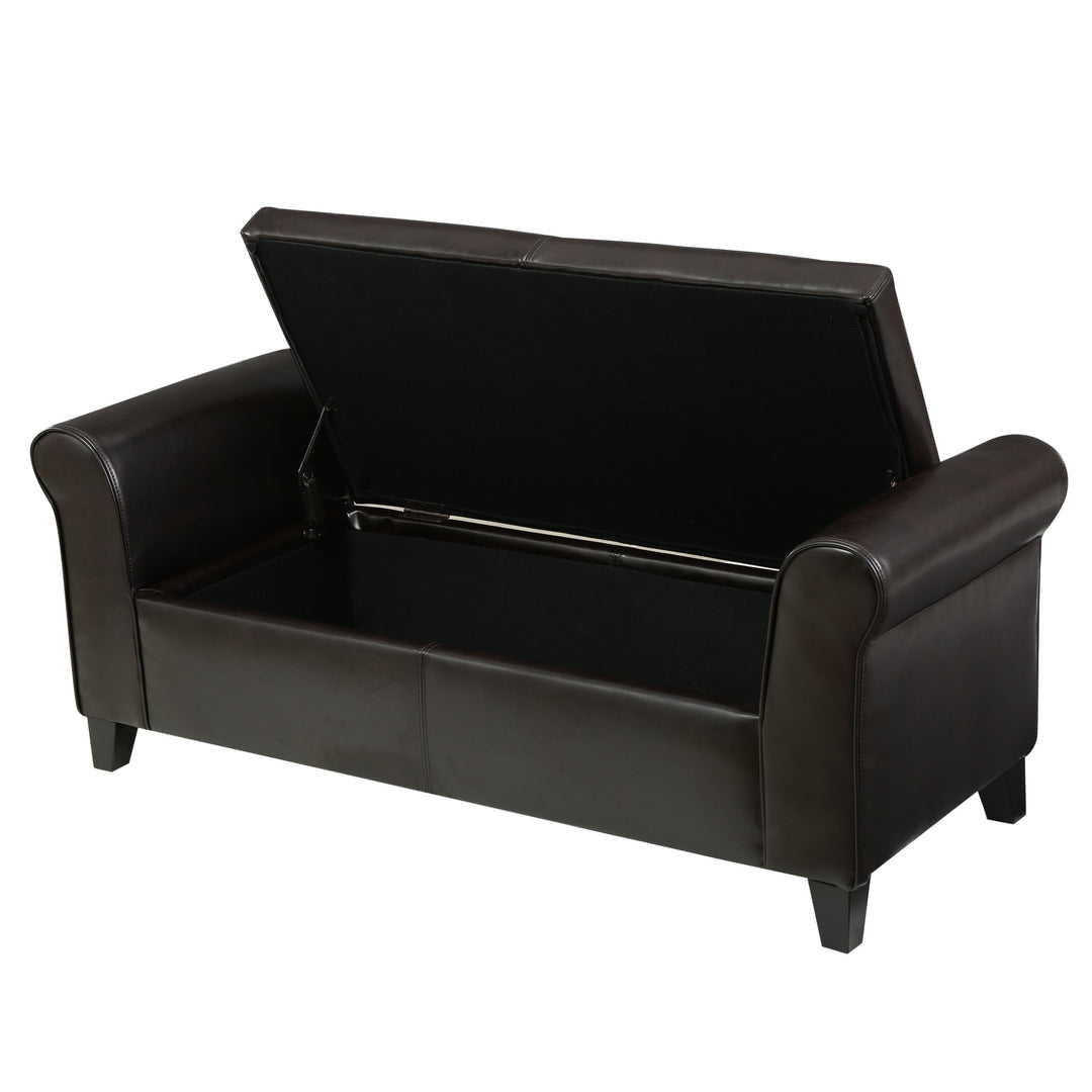 GDFStudio Brown Leather Armed Storage Ottoman Bench Brown + Dark Brown