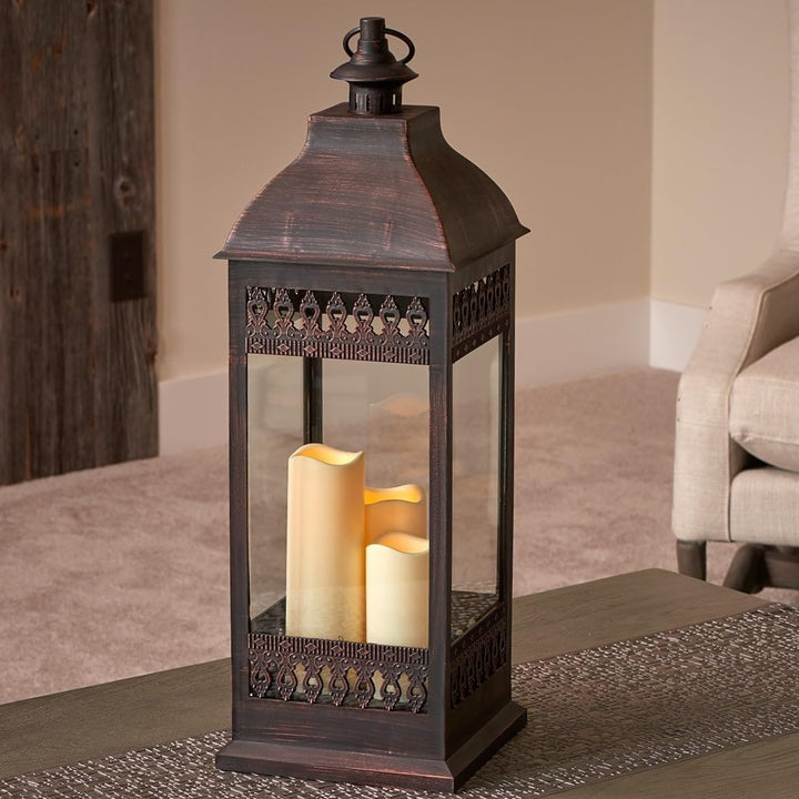 San Triple Led Candle Lantern- Bronze Brown Classic Glass Metal Antique - Diamond Home USA