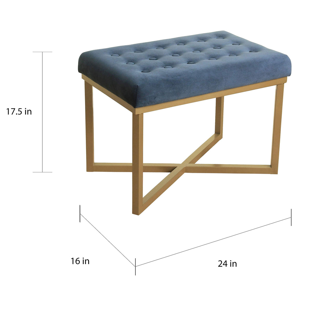 Rectangular Ottoman with Midnight Velvet Tufted Cushion and Gold Metal X Base - Diamond Home USA