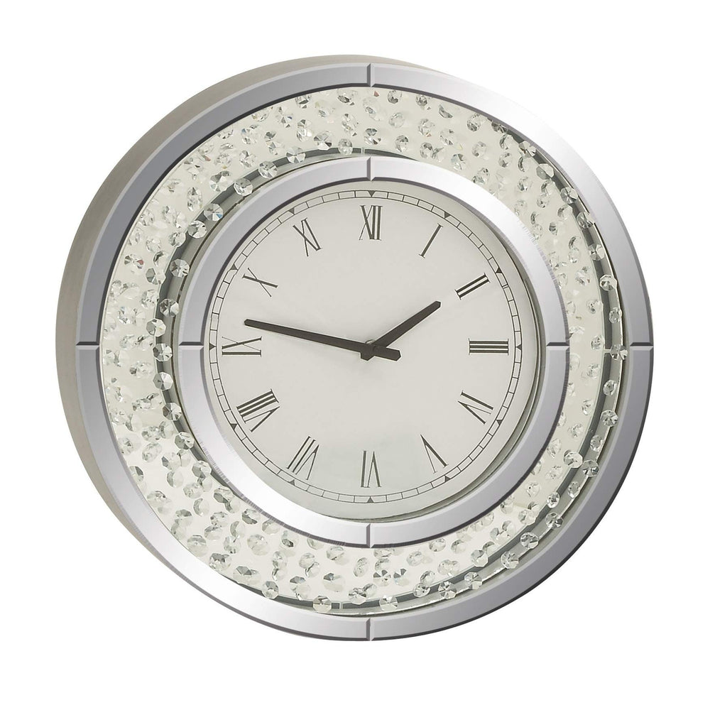 Jeweled Glass Mirror Wall Clock Clear Silver White Glam Round Battery - Diamond Home USA