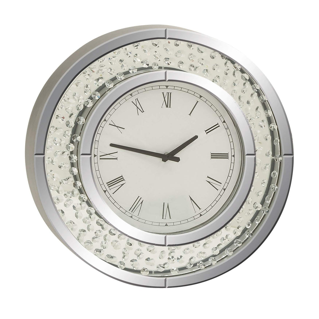 Jeweled Glass Mirror Wall Clock Clear Silver White Glam Round Battery - Diamond Home USA