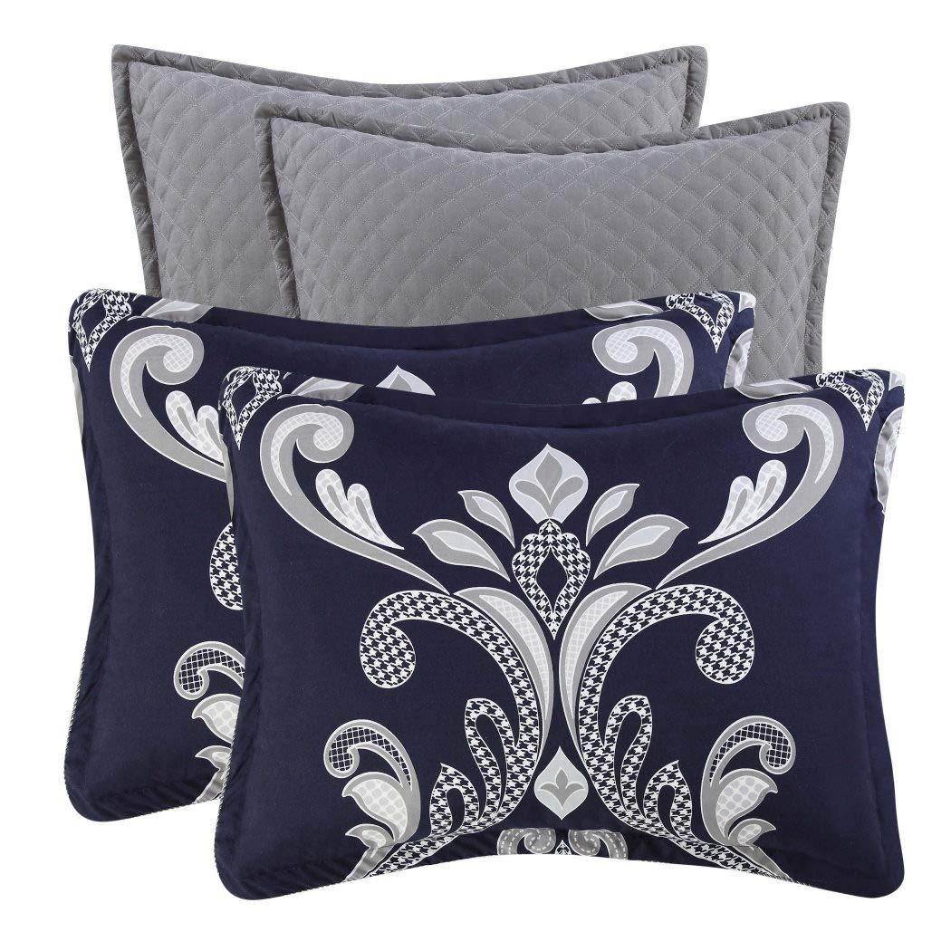D&H 10 Piece Blue Silver White Damask Theme Comforter King Set Beautiful All - Diamond Home USA