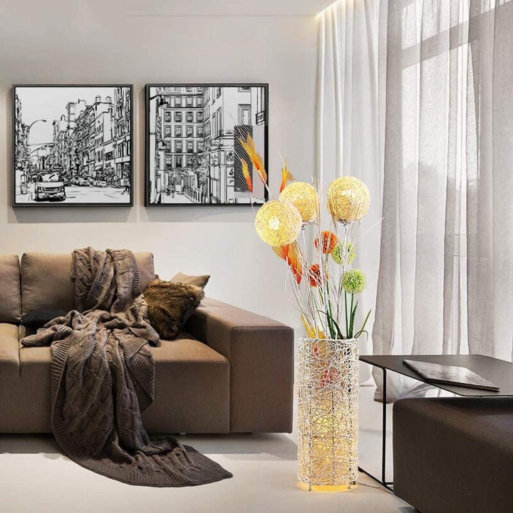 Floor Lamp Pastoral with Hand-oven Flower Rattan Art Beige Mid-Century Modern - Diamond Home USA