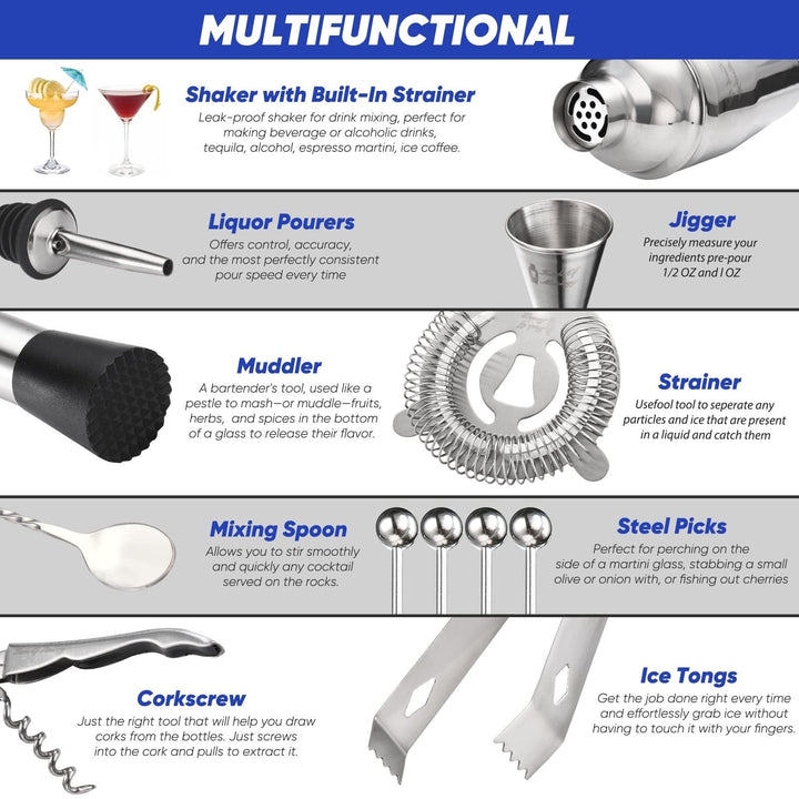 Touch of Mixology 14 Piece Bartender Kit Bar Set Cocktail Shaker Silver - Diamond Home USA