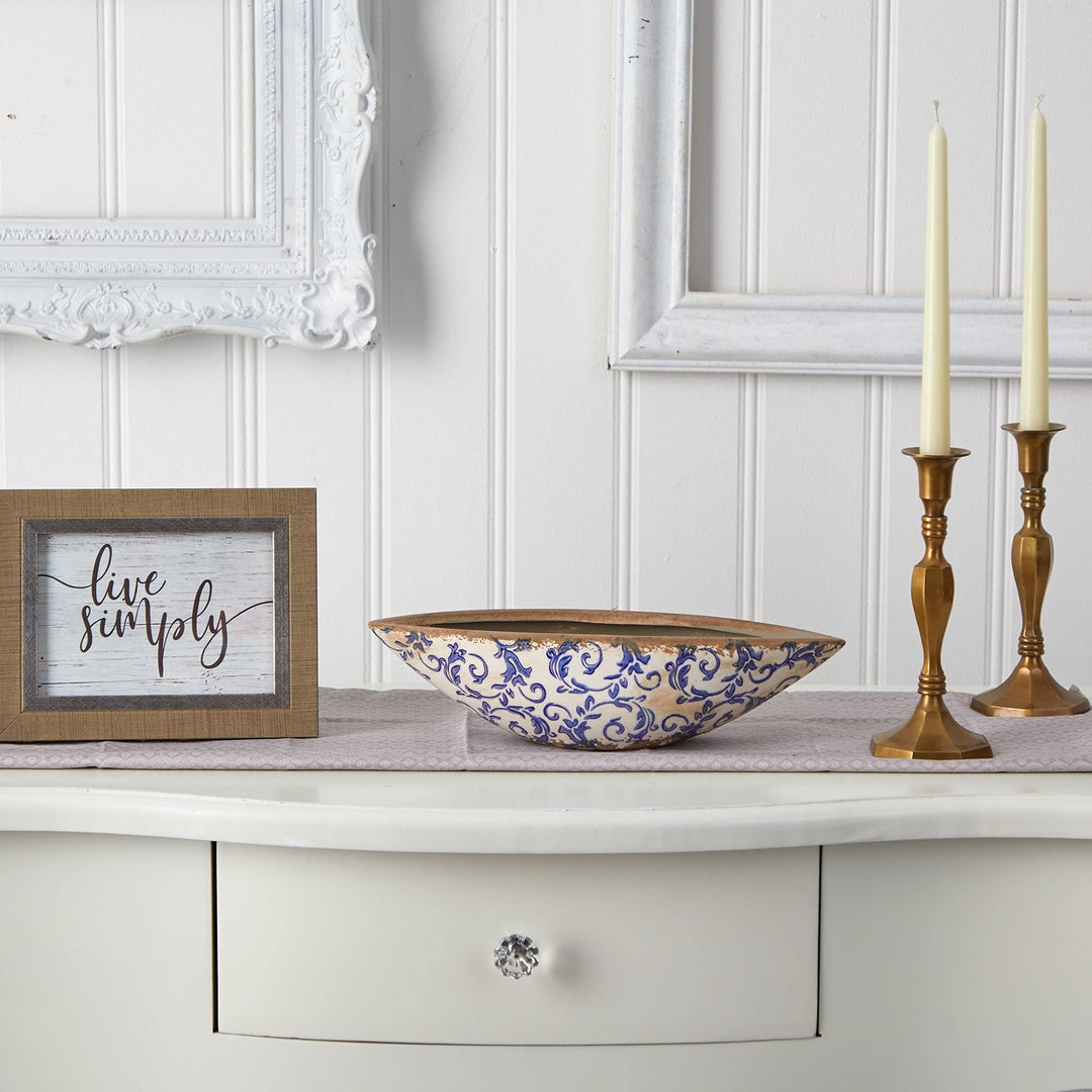 13" Tuscan Ceramic Blue Scroll Decorative Bowl White Traditional - Diamond Home USA