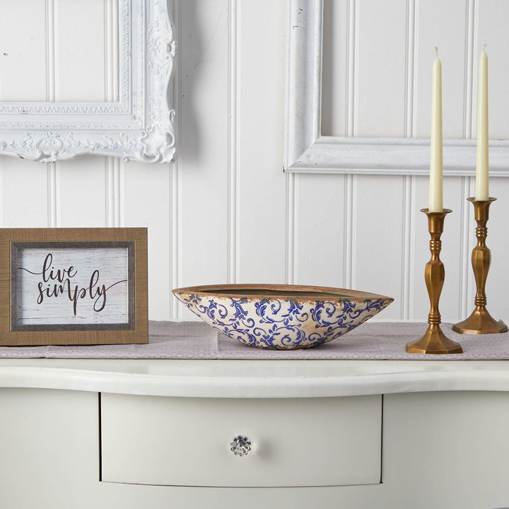 13" Tuscan Ceramic Blue Scroll Decorative Bowl White Traditional - Diamond Home USA