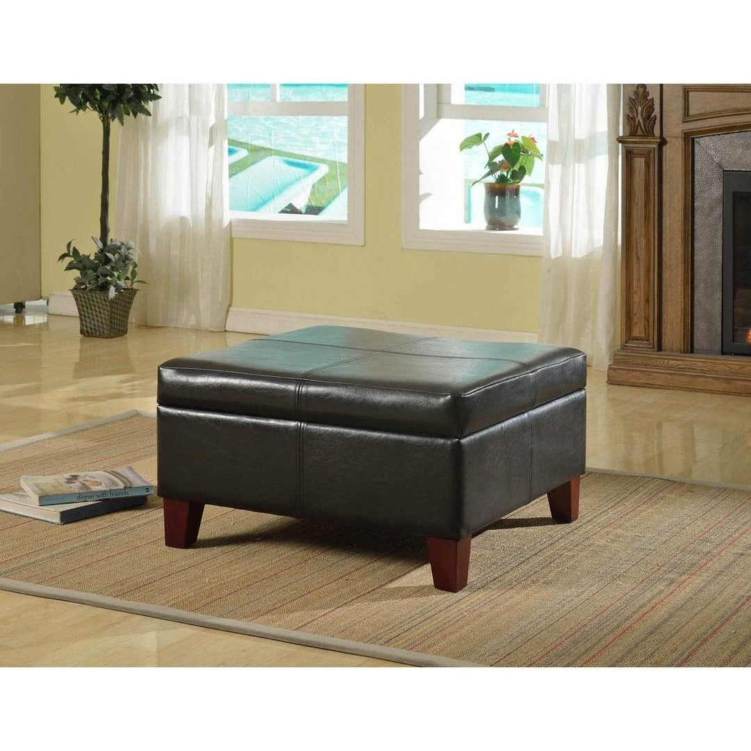 Luxury Large Black Faux Leather Storage Ottoman Table Solid Traditional Square