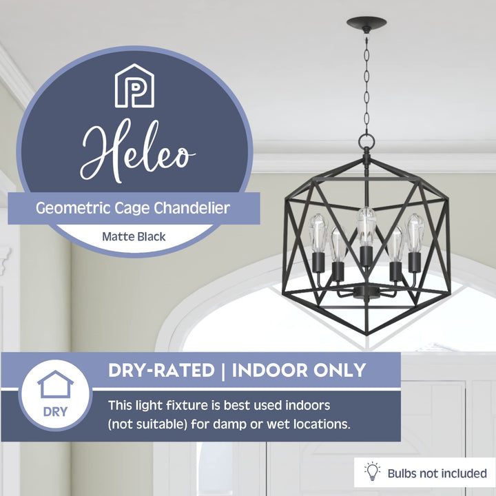 Prominence Home Heleo 5 Light Matte Black Geometric Cage Chandelier Candle Style - Diamond Home USA