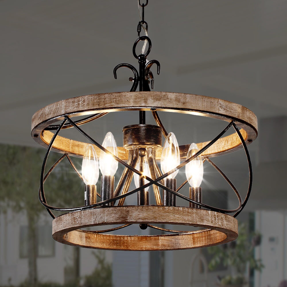 Bella Depot 5-Light Rustic Cage Wood Chandelier Dimmable Lighting Adjustable - Diamond Home USA