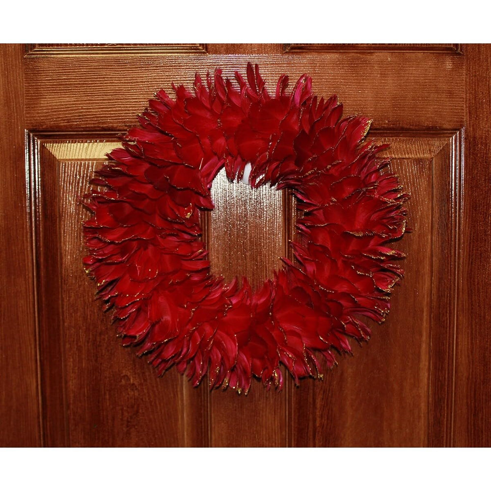 12" Feather Wreath W/Glitter Tips Red Un-lit - Diamond Home USA
