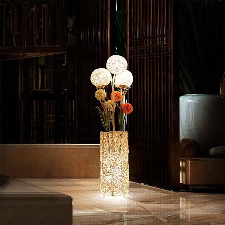 Floor Lamp Pastoral with Hand-oven Flower Rattan Art Beige Mid-Century Modern - Diamond Home USA