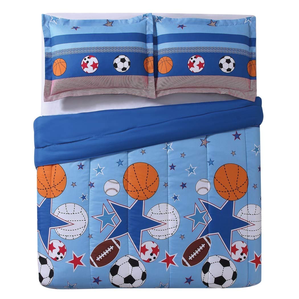 D&H 2 Piece Boys Blue Sports Star Comforter Twin Set All Over Sport Stars - Diamond Home USA