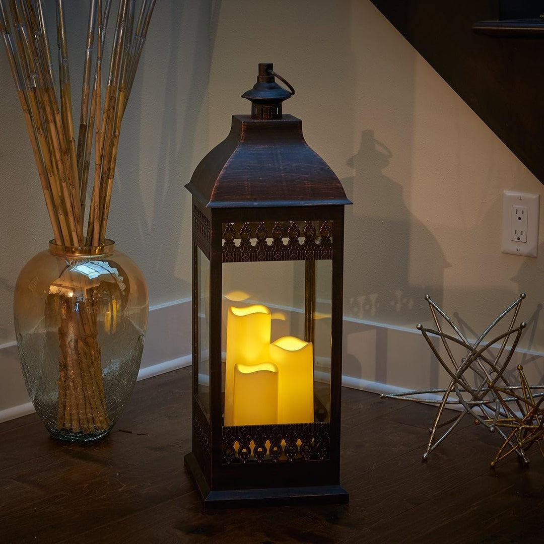 San Triple Led Candle Lantern- Bronze Brown Classic Glass Metal Antique - Diamond Home USA