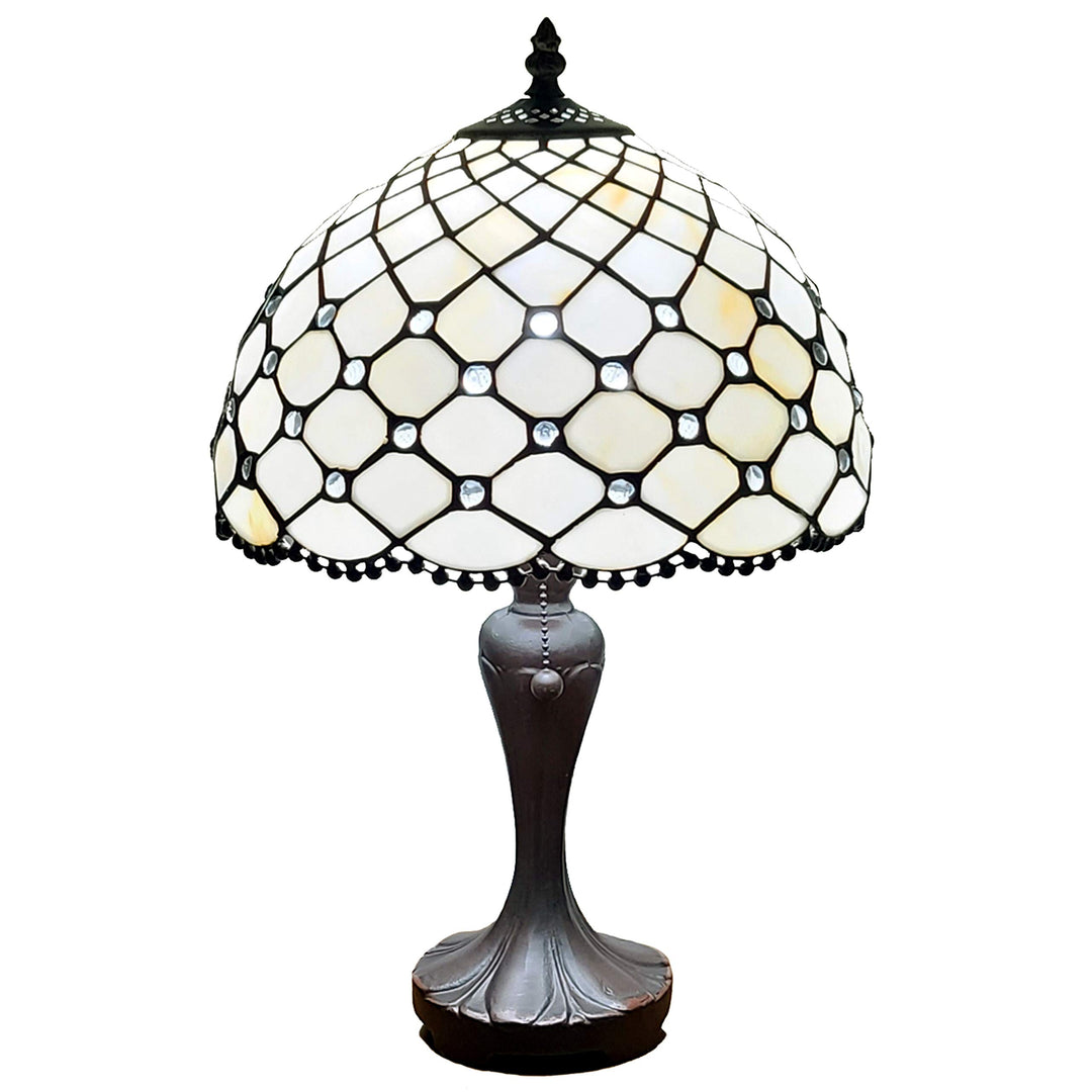 Tiffany Style Table Lamp Banker Jeweled Beaded 19" Tall Stained Glass White - Diamond Home USA