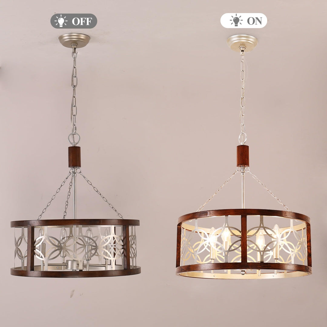 Cusp Barn 4-Light Rustic Wood Chandelier Shabby Hanging Lamp Farmhouse Drum Chrome - Diamond Home USA