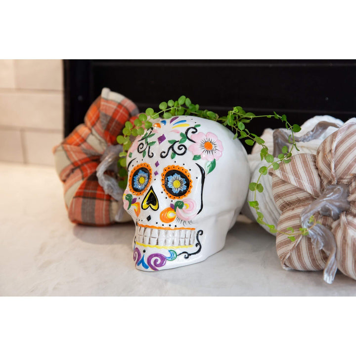 Day of The Dead Skull Planter Multi Color Ceramic Natural Finish Weather - Diamond Home USA