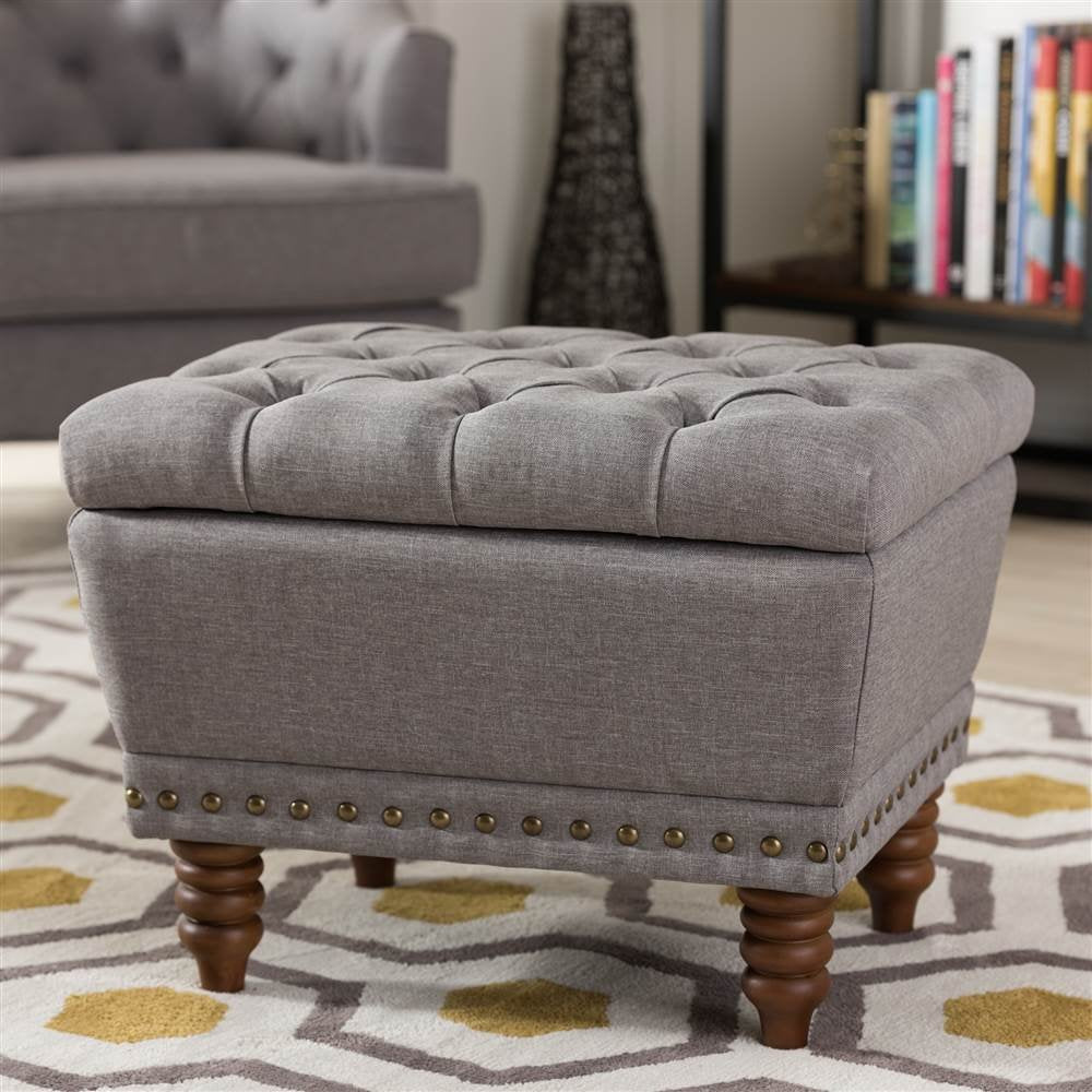 Baxton Studio Annabelle Tufted Storage Ottoman in Gray and Walnut Light Grey - Diamond Home USA