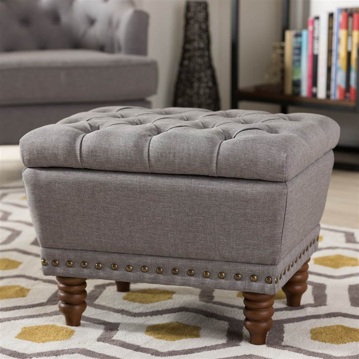 Baxton Studio Annabelle Tufted Storage Ottoman in Gray and Walnut Light Grey - Diamond Home USA