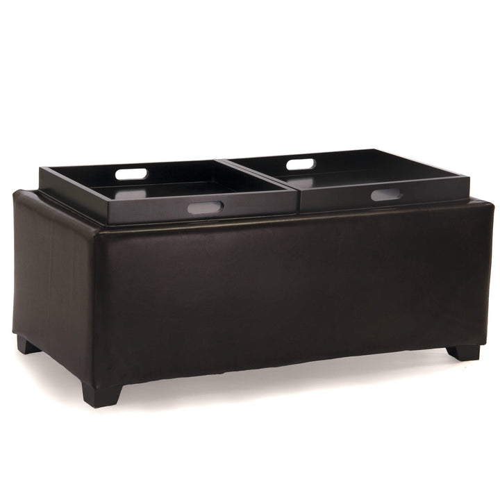 Brown Bonded Leather Double Tray Ottoman Modern Contemporary Solid Rectangle - Diamond Home USA