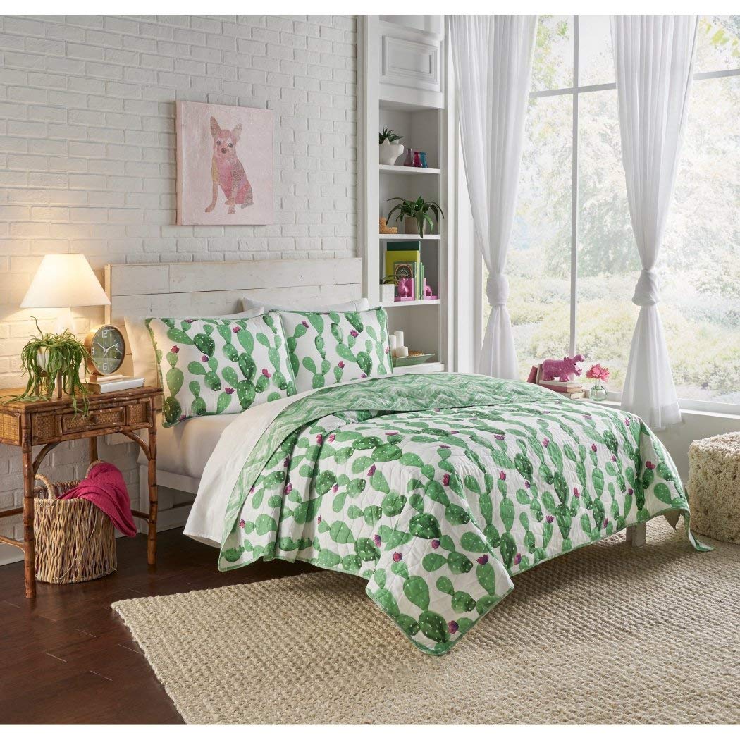 succulent bedding TN 3 Piece White Green Cactus Quilt Full Queen Set Western