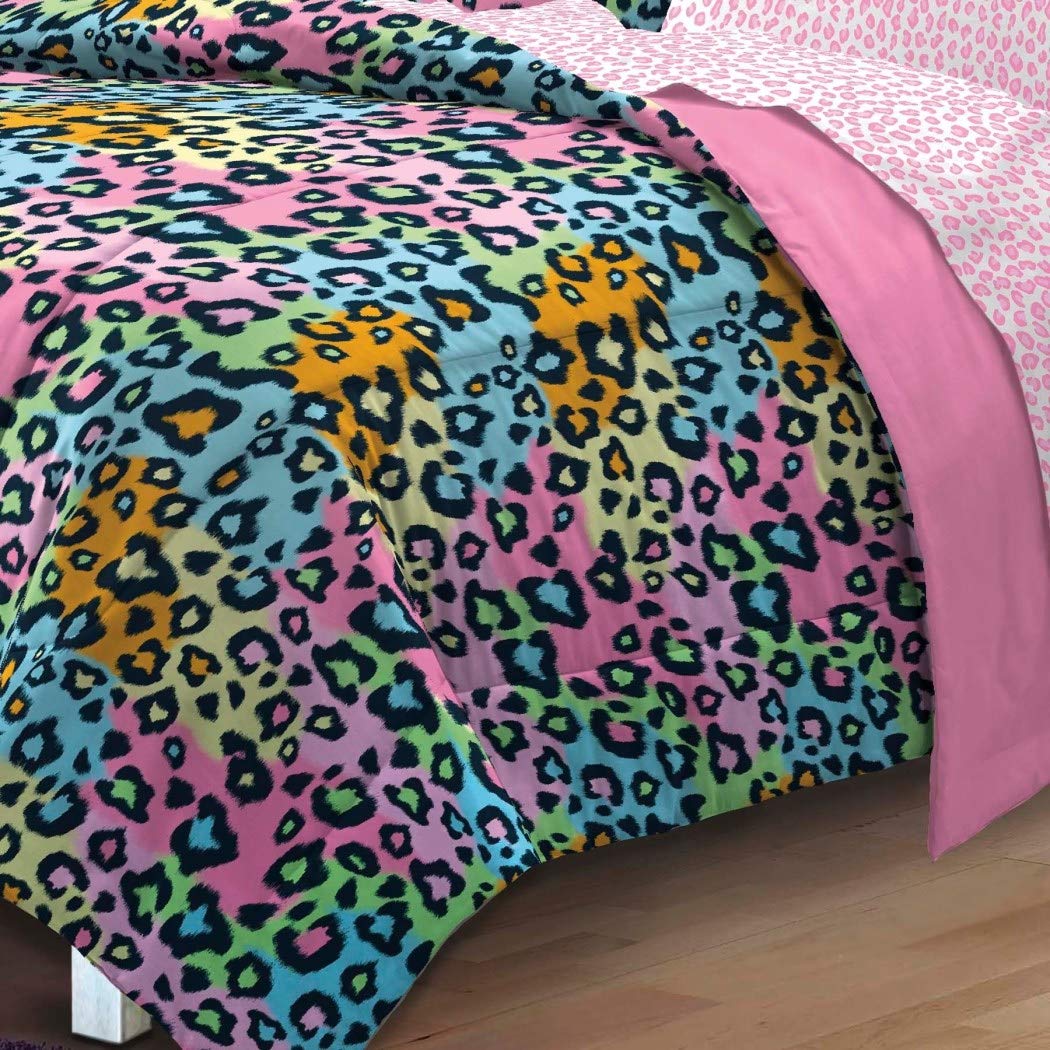 D&H 5 Piece Girls Teen Rainbow Leopard Themed Comforter Twin XL Set All Over - Diamond Home USA