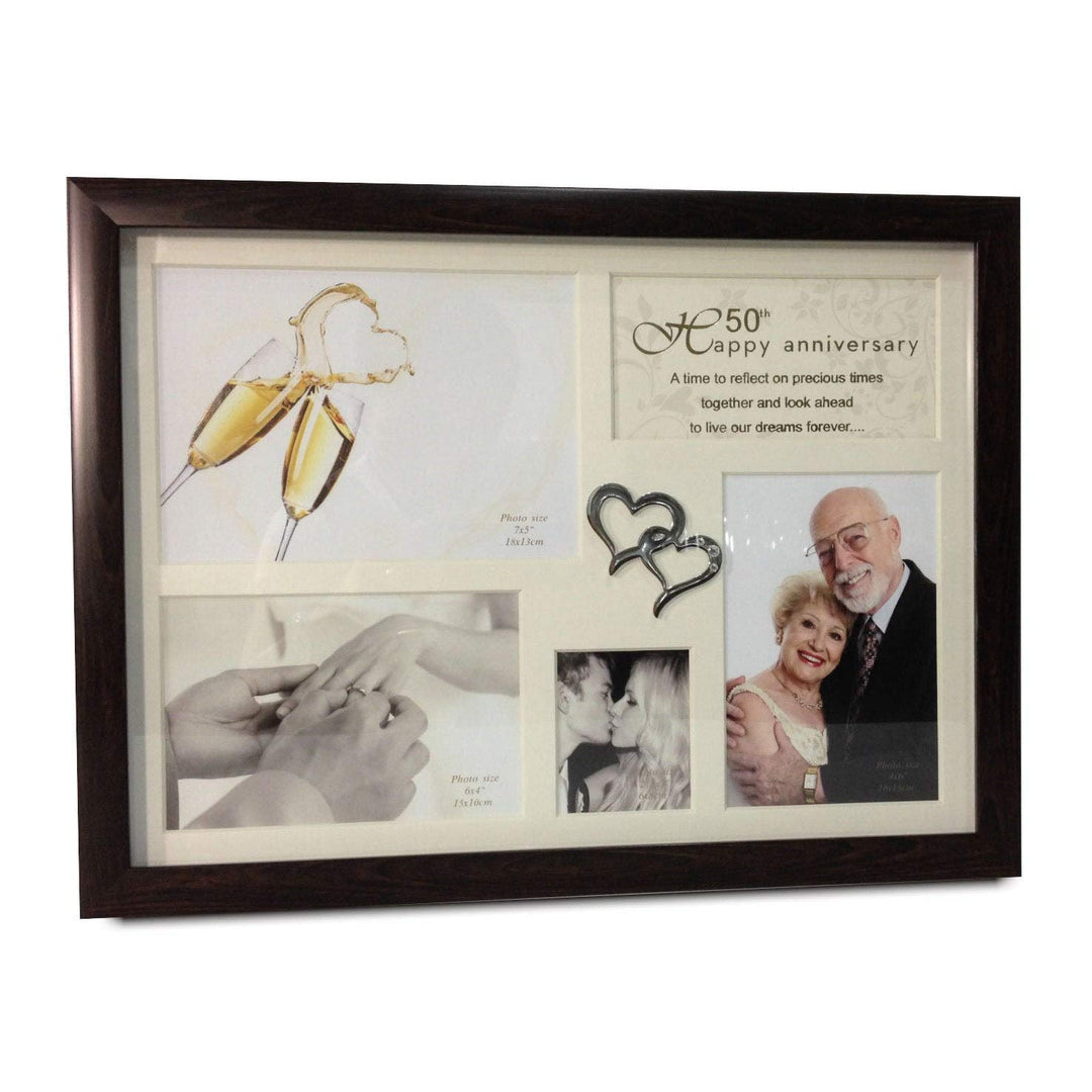 50th Anniversary Collage Photo Frame with Double Heart Icon Black Rectangle