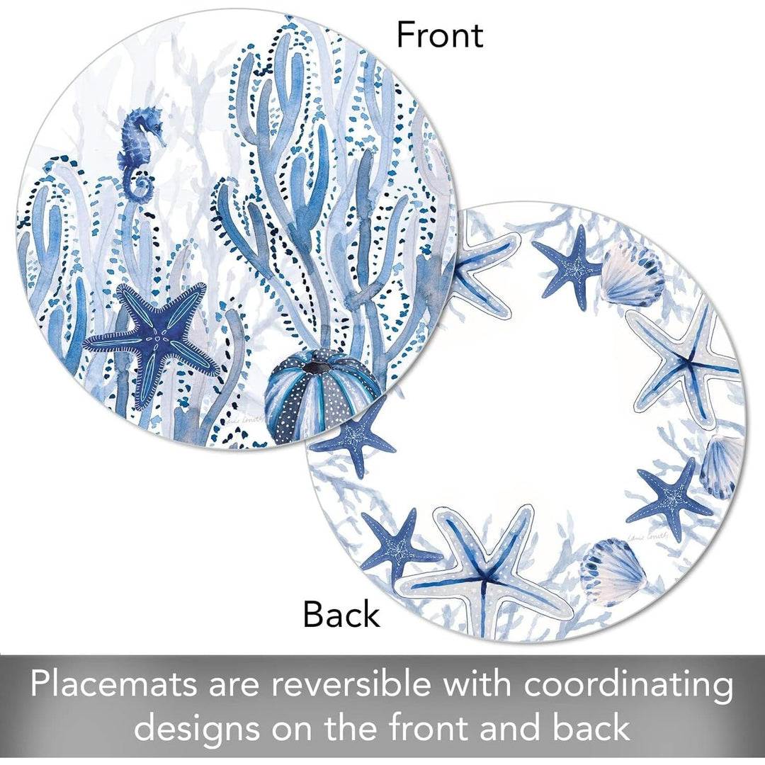 Wipe-Clean Reversible Round Shaped Placemats Indigo Coastal Set of 4 Made in The - Diamond Home USA
