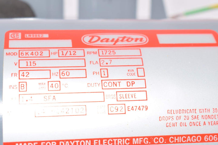 Dayton 6K402 Motor 1/12 HP General - 6K402 - Diamond Home USA
