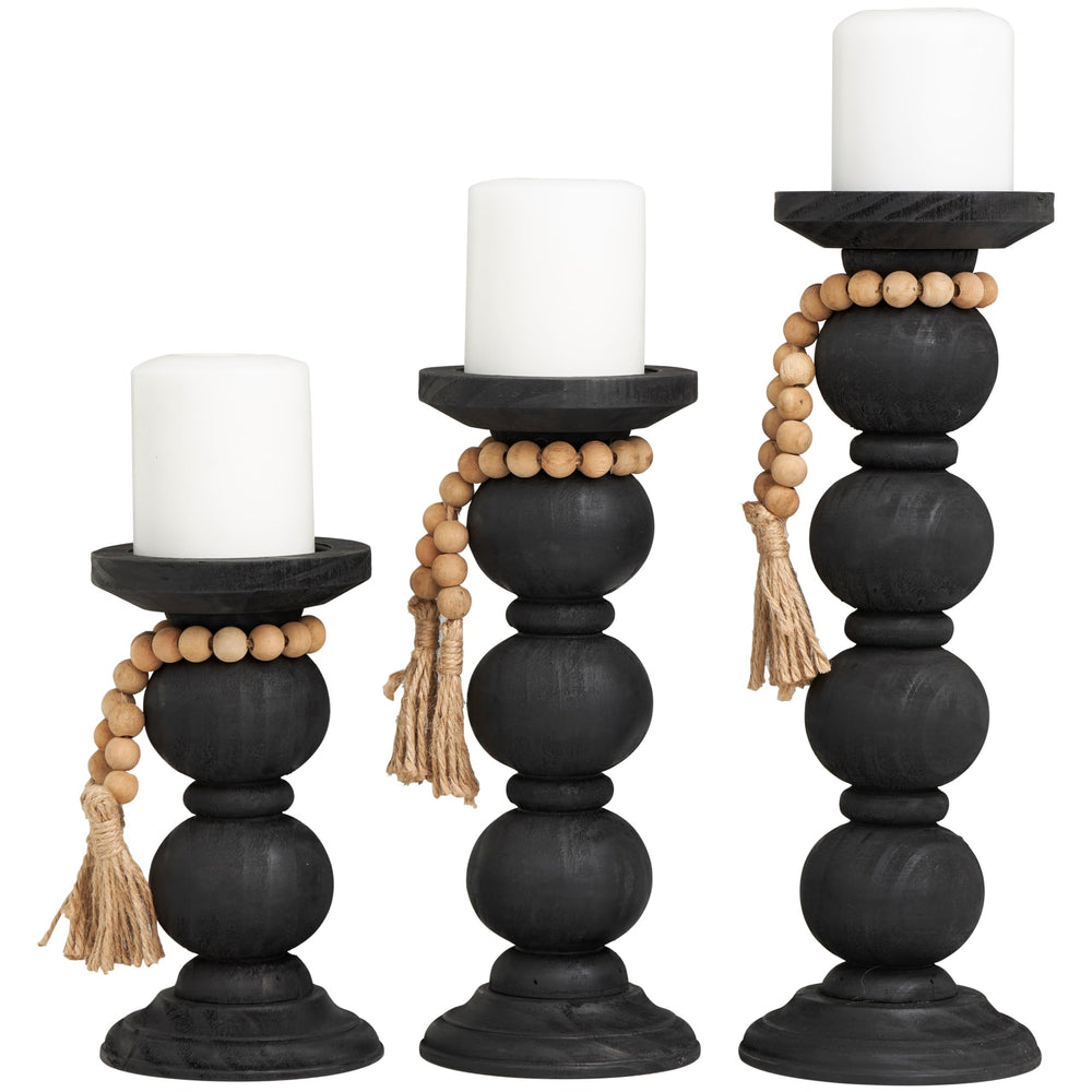 Black Wood Handmade Bubble Inspired Matte Candle Holder with Beaded Garland - Diamond Home USA