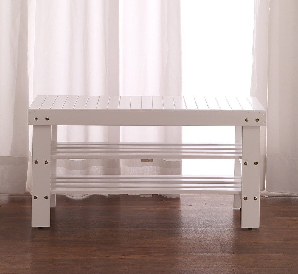 White Finish Solid Wood Storage Shoe Bench Shelf - Diamond Home USA