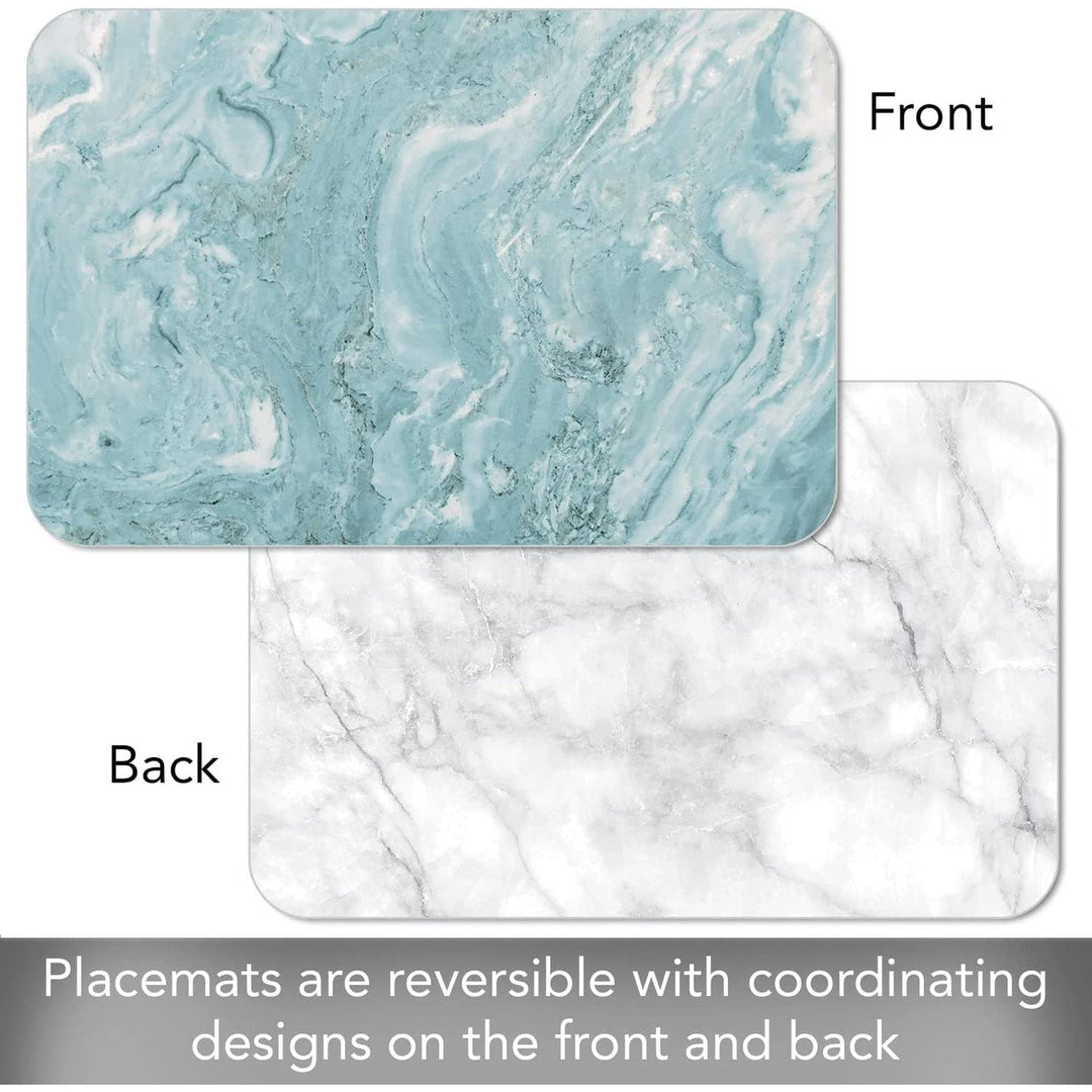Teal/White Printed Quartz Design Reversible Easy Flexible Plastic Placemat 4 - Diamond Home USA