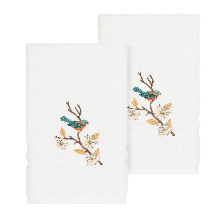 Authentic Hotel and Spa Turkish Cotton Blue Bird Embroidered White 2-Piece Towel