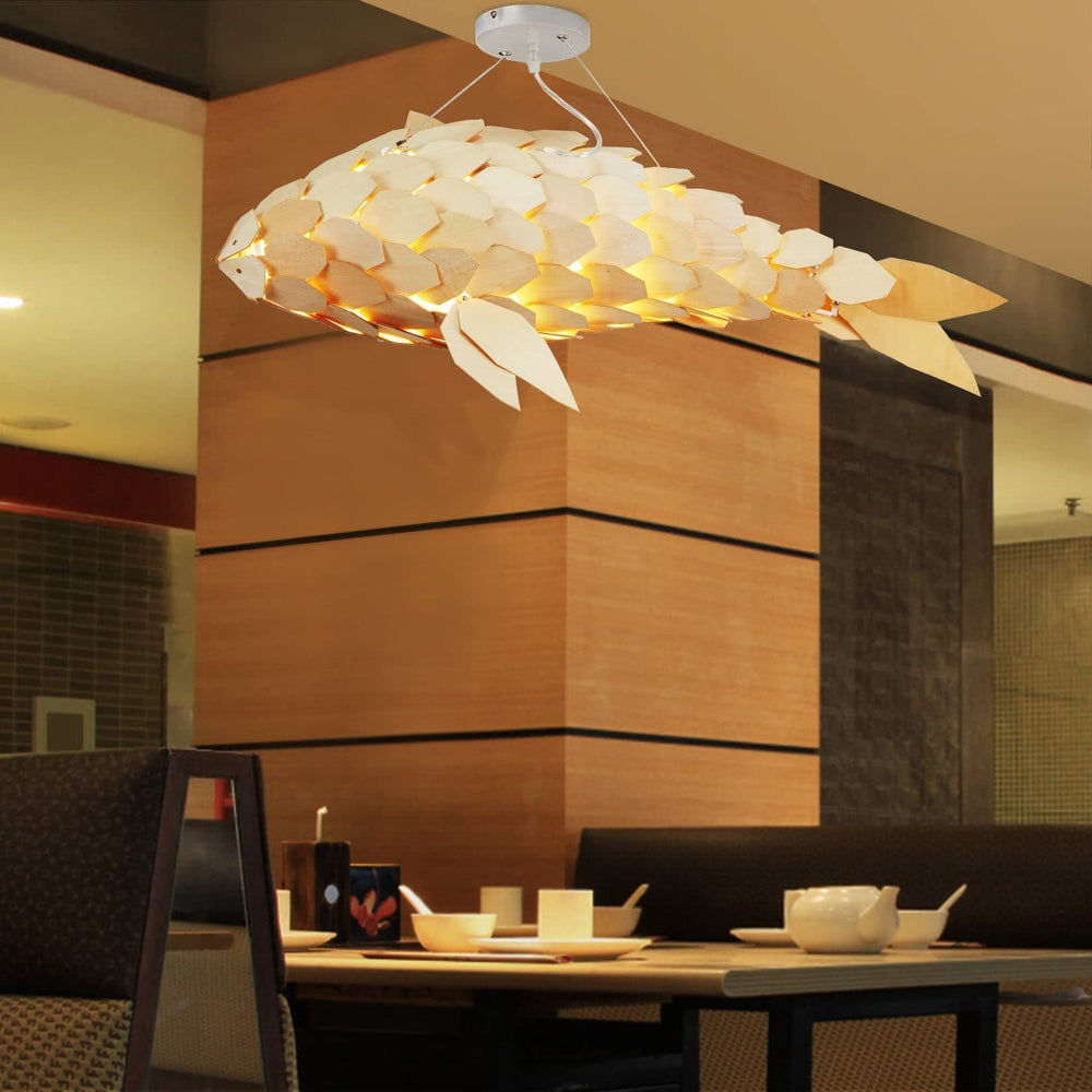 Light Lantern Fish Shaped Handmade Wood Ceiling Lamp 23.6x9.8in Yellow Modern - Diamond Home USA