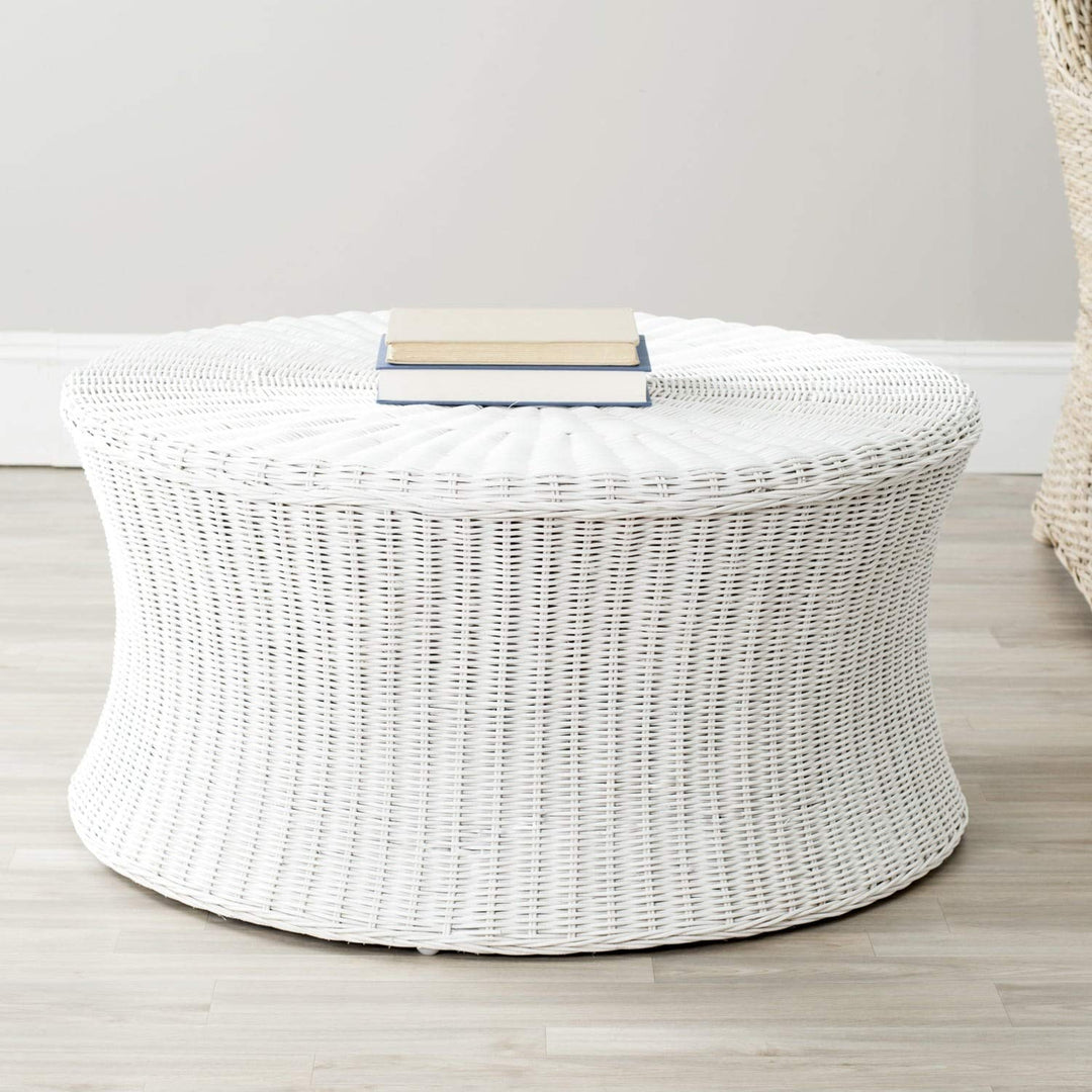 Round Wicker Ottoman White Large Rattan Coffee Table Rounded Shape Circular - Diamond Home USA