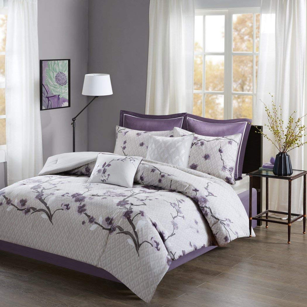 TL 8 Piece rple Gray Floral Pattern Comforter Set Cal King California Light - Diamond Home USA