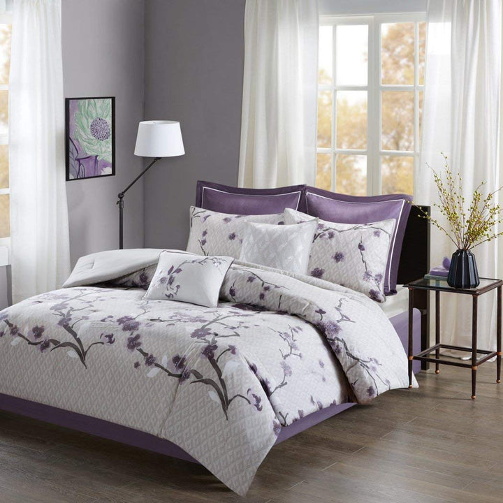 TL 8 Piece rple Gray Floral Pattern Comforter Set Cal King California Light - Diamond Home USA