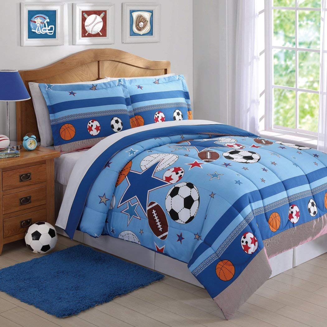 D&H 2 Piece Boys Blue Sports Star Comforter Twin Set All Over Sport Stars