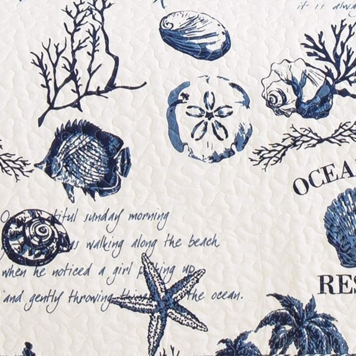 D&H 2 Piece Blue White Beach Theme Quilt Twin Set Sea Shell Life Inspired - Diamond Home USA