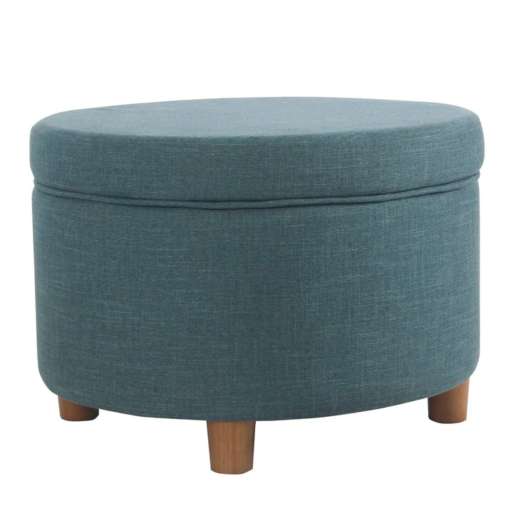 Round Storage Ottoman - Teal Blue Solid Transitional Fabric Foam Wood - Diamond Home USA