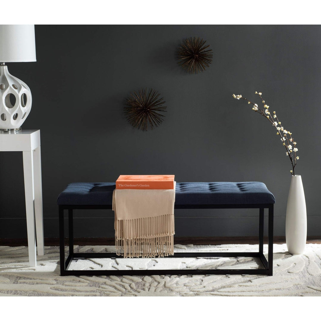 Navy/Black Bench - 48" X 18" 19" Blue Solid Transitional Fabric Wood Tufted