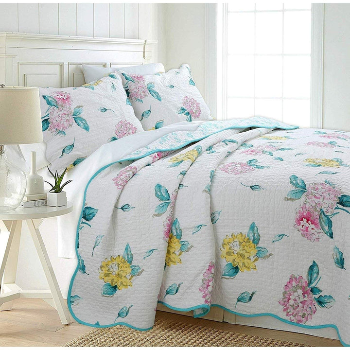 3 Piece White Yellow Flower Theme Quilt Queen Set Teal Pink Floral Pattern