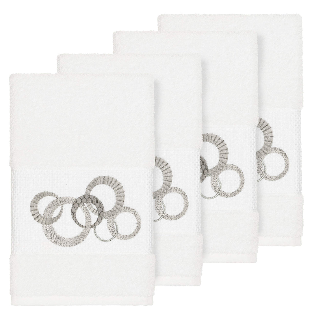 Turkish Cotton Circles Embroidered White 4-Piece Hand Towel Set Terry Cloth