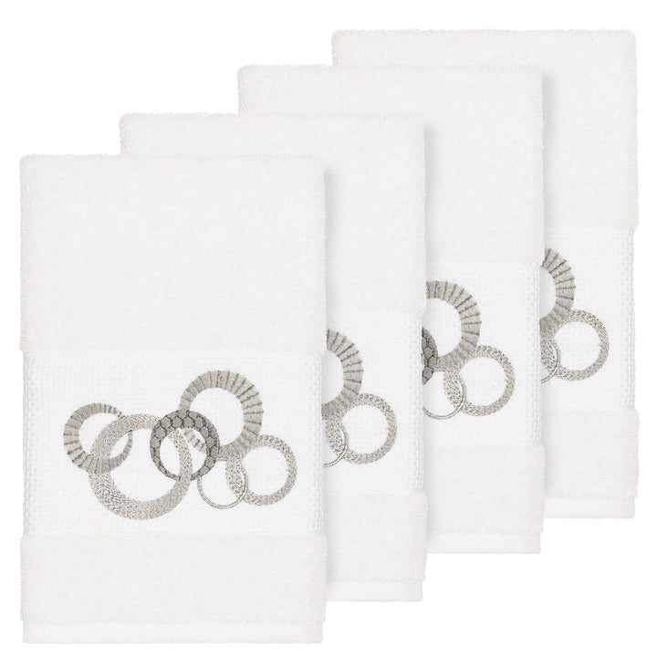 Turkish Cotton Circles Embroidered White 4-Piece Hand Towel Set Terry Cloth