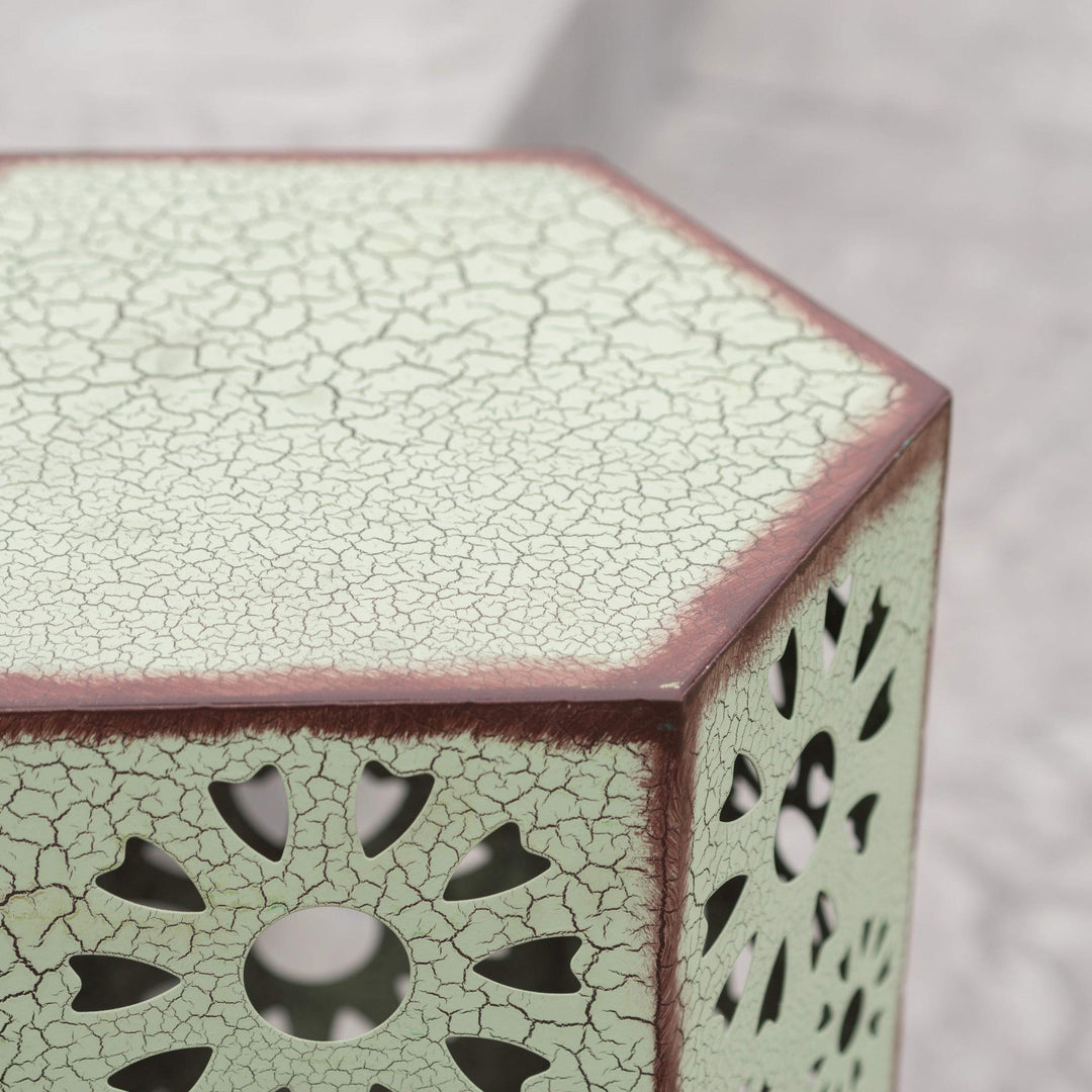 Crackle Green Iron Side Table Hexagon Outdoor Table for Patio Floral Cut Out - Diamond Home USA