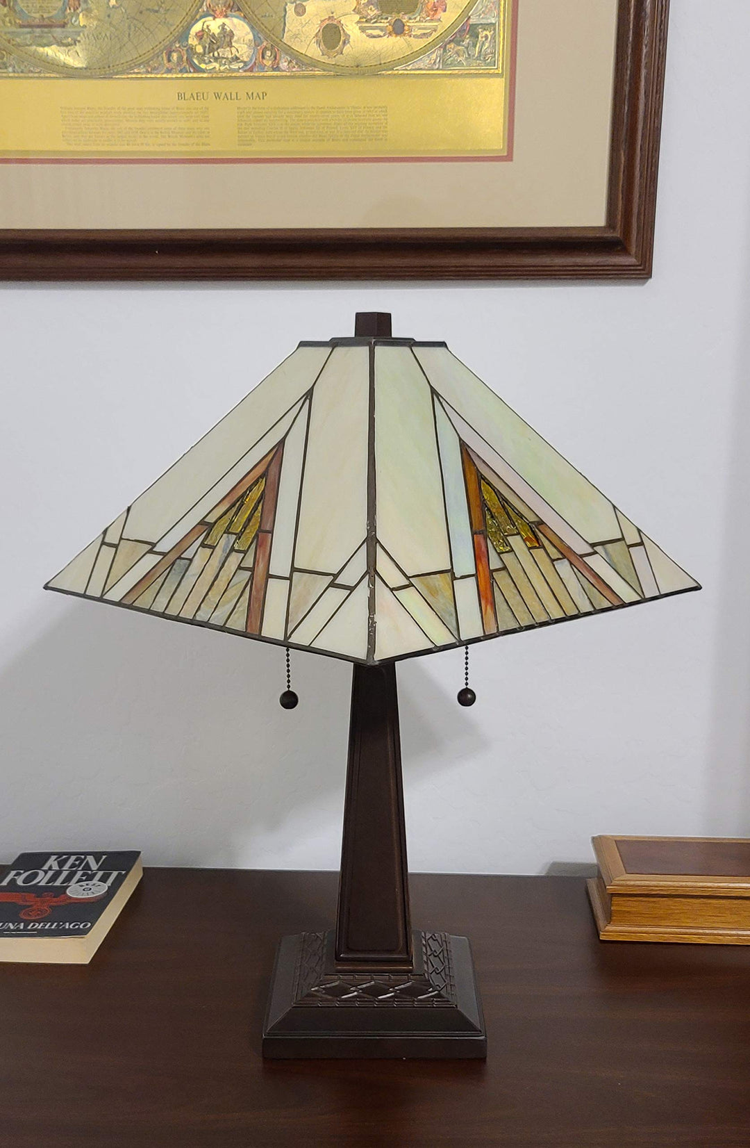 Tiffany Style Table Lamp Banker Mission 23" Tall Stained Glass Tan Brown Vintage - Diamond Home USA