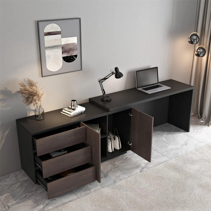 Home Office Expandable Desk with Drawer Dresser for Storage Black Brown Modern - Diamond Home USA