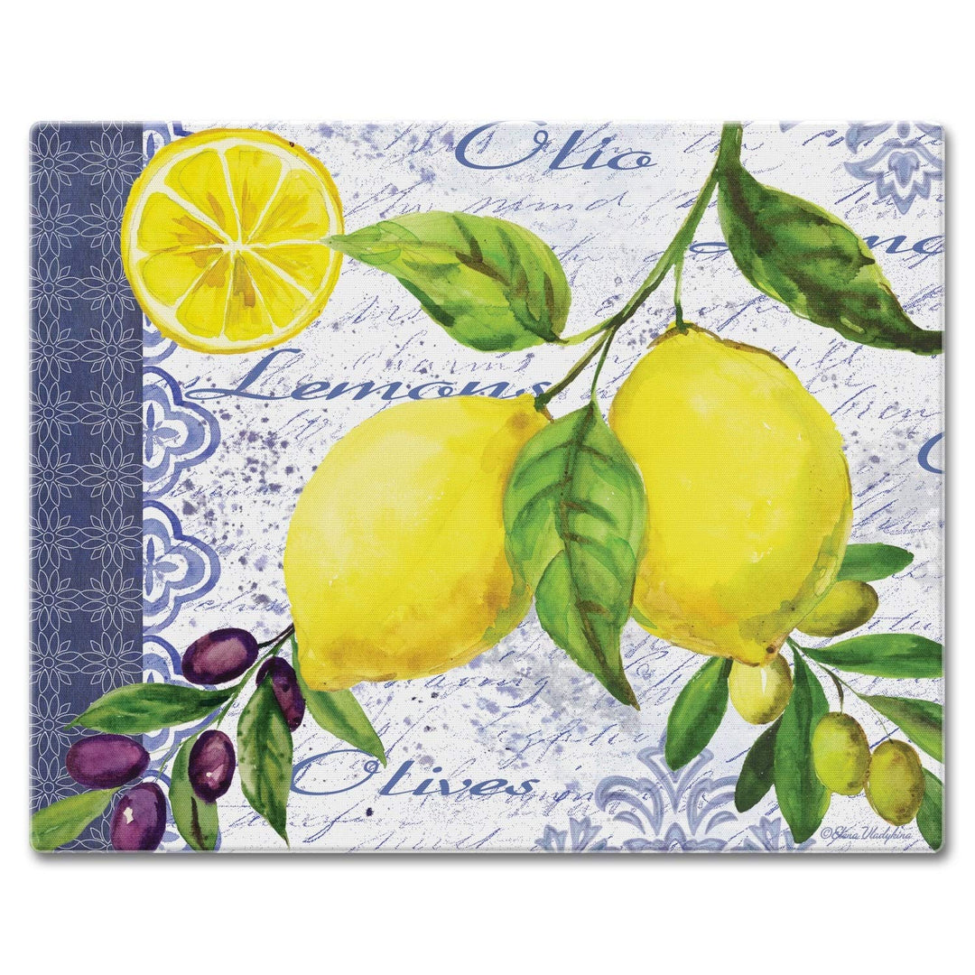 Glass Cutting Board/Saver 12"x15" Lemons Olives Multi Color Rectangle