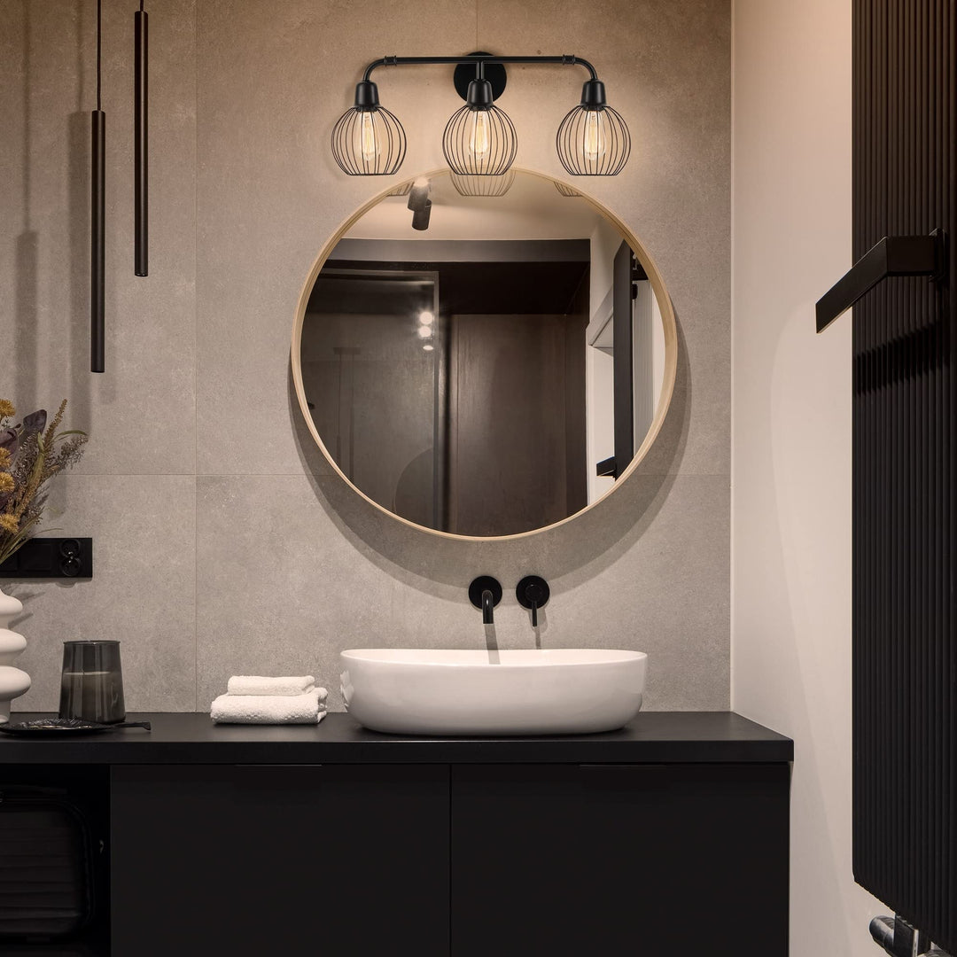 3-Light Industrial Vanity Light Wall Sconce with Cage Shades Black Modern - Diamond Home USA