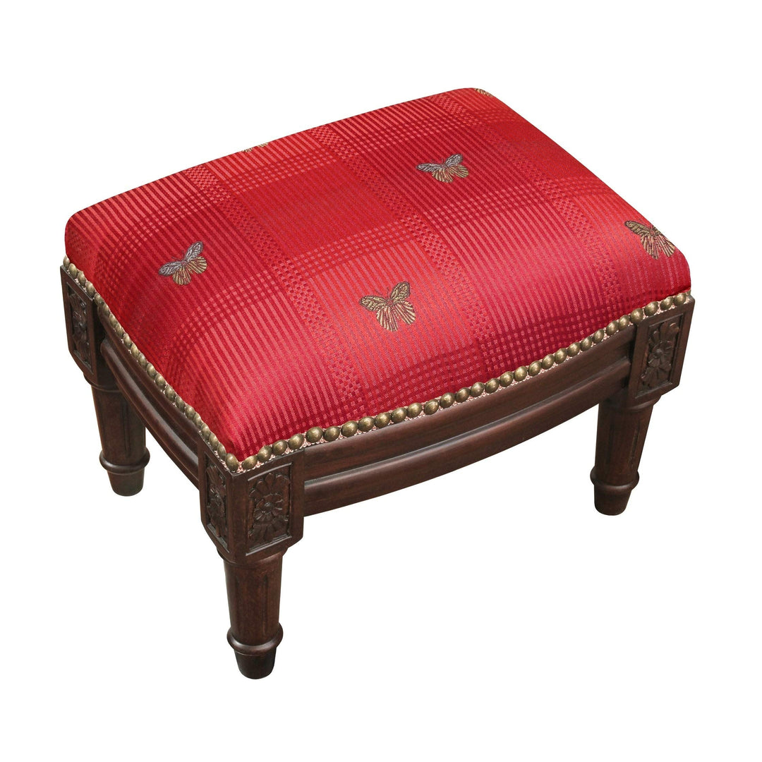 Red Butterfly Footstool Floral Classic Pattern Rectangle Rubberwood Walnut