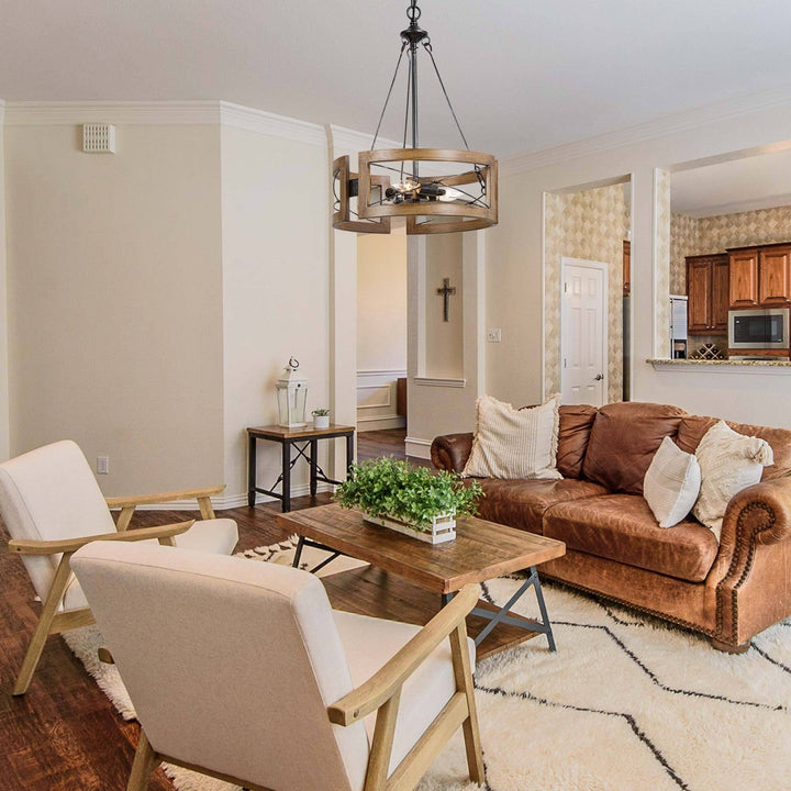 Farmhouse 3-light Drum Chandelier Wood Finish for Dining Room D15.5 * H 20.5" - Diamond Home USA